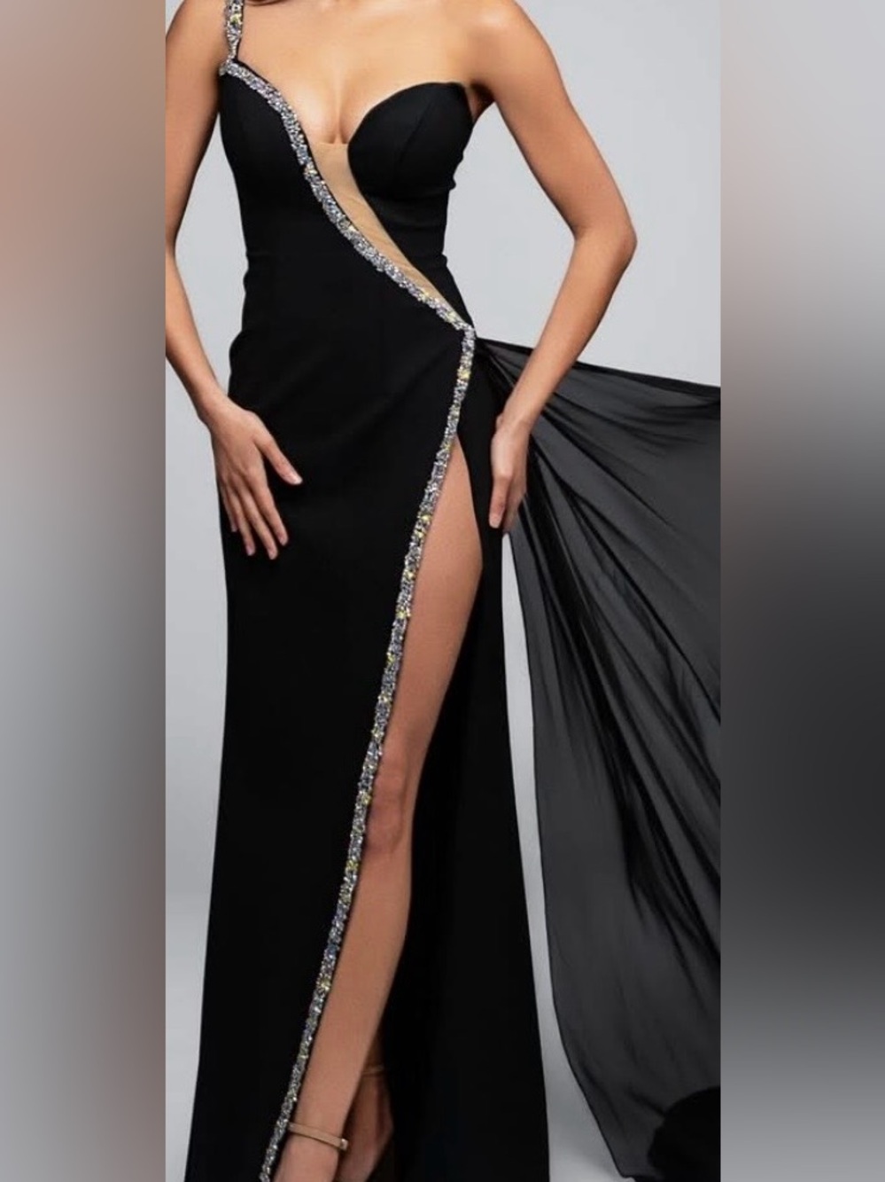 Sherri Hill Black One-Shoulder Evening Gown with Sequin Accent - Picture 7 of 7